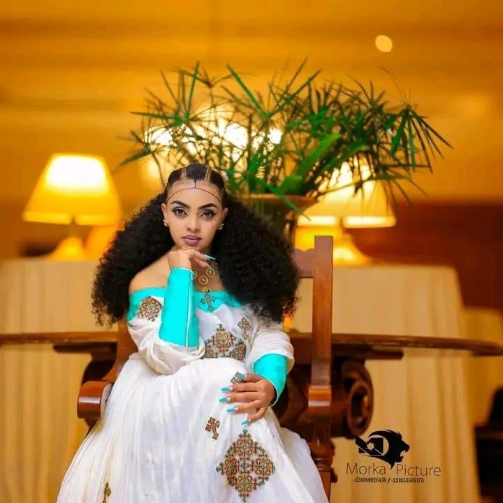 Zuria Habesha Kemis – White with Turquoise Tibeb (Style 8) – Azmarino Fashion Boutique – view 3