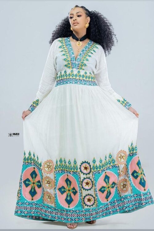 Zuria Habesha Kemis – White with Turquoise Tibeb (Style 9) – Azmarino Fashion Boutique