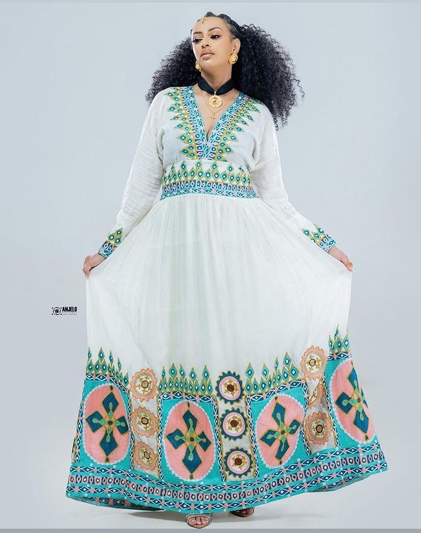 Zuria Habesha Kemis – White with Turquoise Tibeb (Style 9) – Azmarino Fashion Boutique