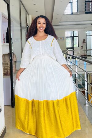 Zuria Habesha Kemis – White with Yellow Tibeb Hem – Azmarino Fashion Boutique