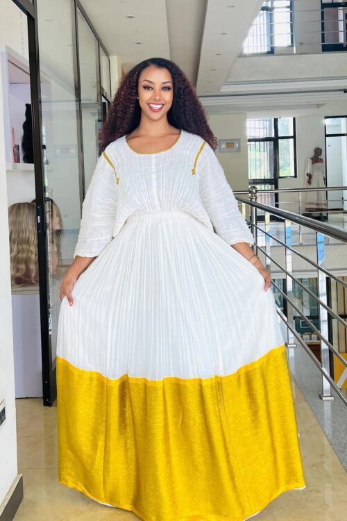 Zuria Habesha Kemis – White with Yellow Tibeb Hem – Azmarino Fashion Boutique
