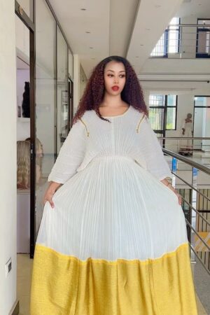 Zuria Habesha Kemis – White with Yellow Tibeb Hem – Azmarino Fashion Boutique – view 2