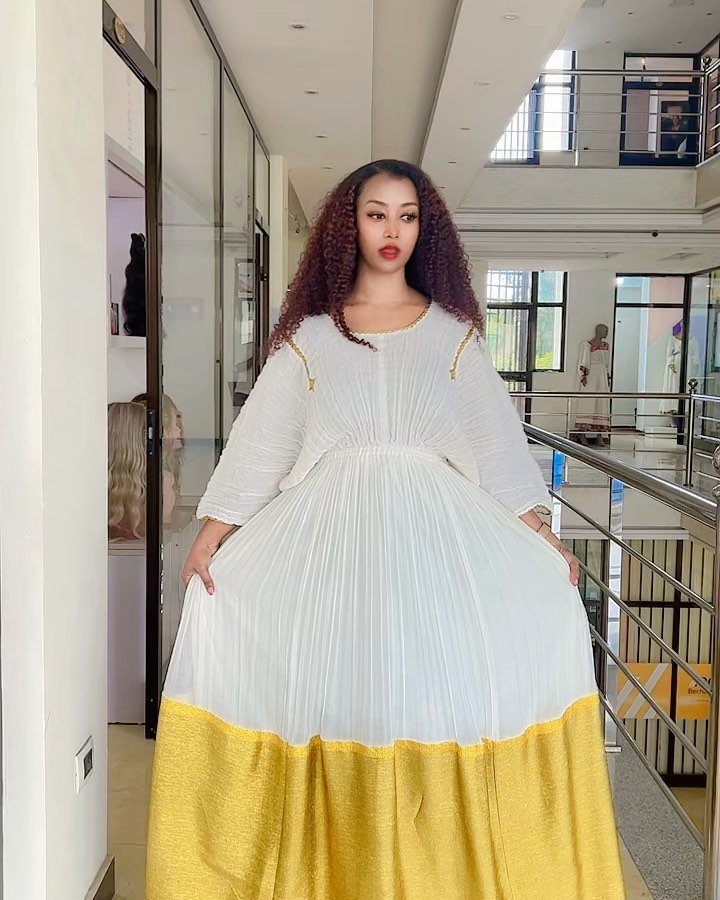 Zuria Habesha Kemis – White with Yellow Tibeb Hem – Azmarino Fashion Boutique – view 2